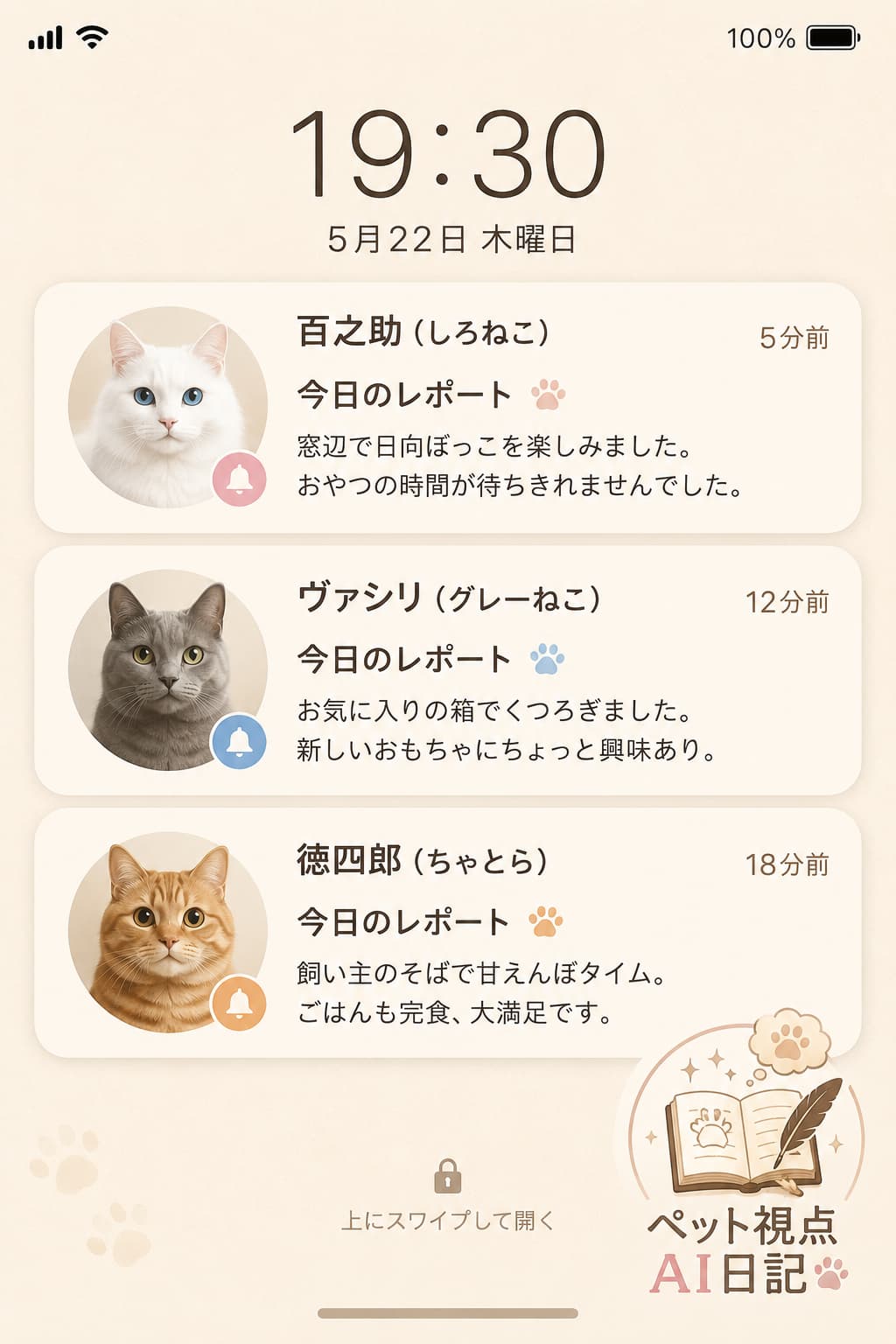3匹の猫それぞれに対して、ペット視点の日記がスマートフォンに通知されている画面イメージ